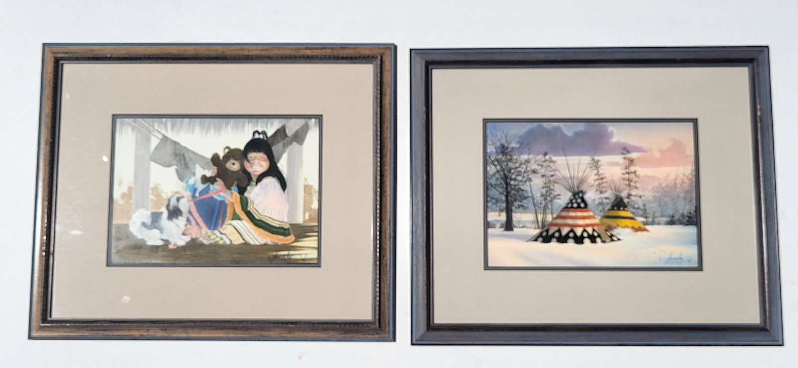 Lot 2 Signed Robert Annesley Winter Tepees And Native American Child With Puppy And Teddy Bear Water (1 of 6)