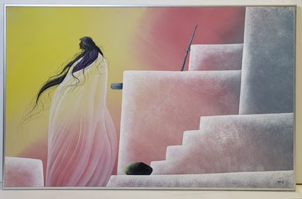 Bill Rabbit Native American Pueblo Figure Rainbow Sunset Oil Painting 24 X 36 Inches