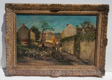 P Moran Village Street Scene Herding Sheep Attrib Edward Percy Moran 19.25 X 29.25 Inch Oil