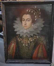 Old Master Lace Collar Woman Queen Portrait Painting Distinctive Jewelry 16C 17C