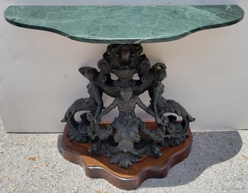 Fabulous Old Bronze Figural Classical Console Sculpture Table Base With Marble Top
