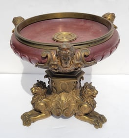 Heavy Antique Carved Red Marble French Dore Bronze Taza Neoclassical Heads Lion Base Centerpiece 8.5