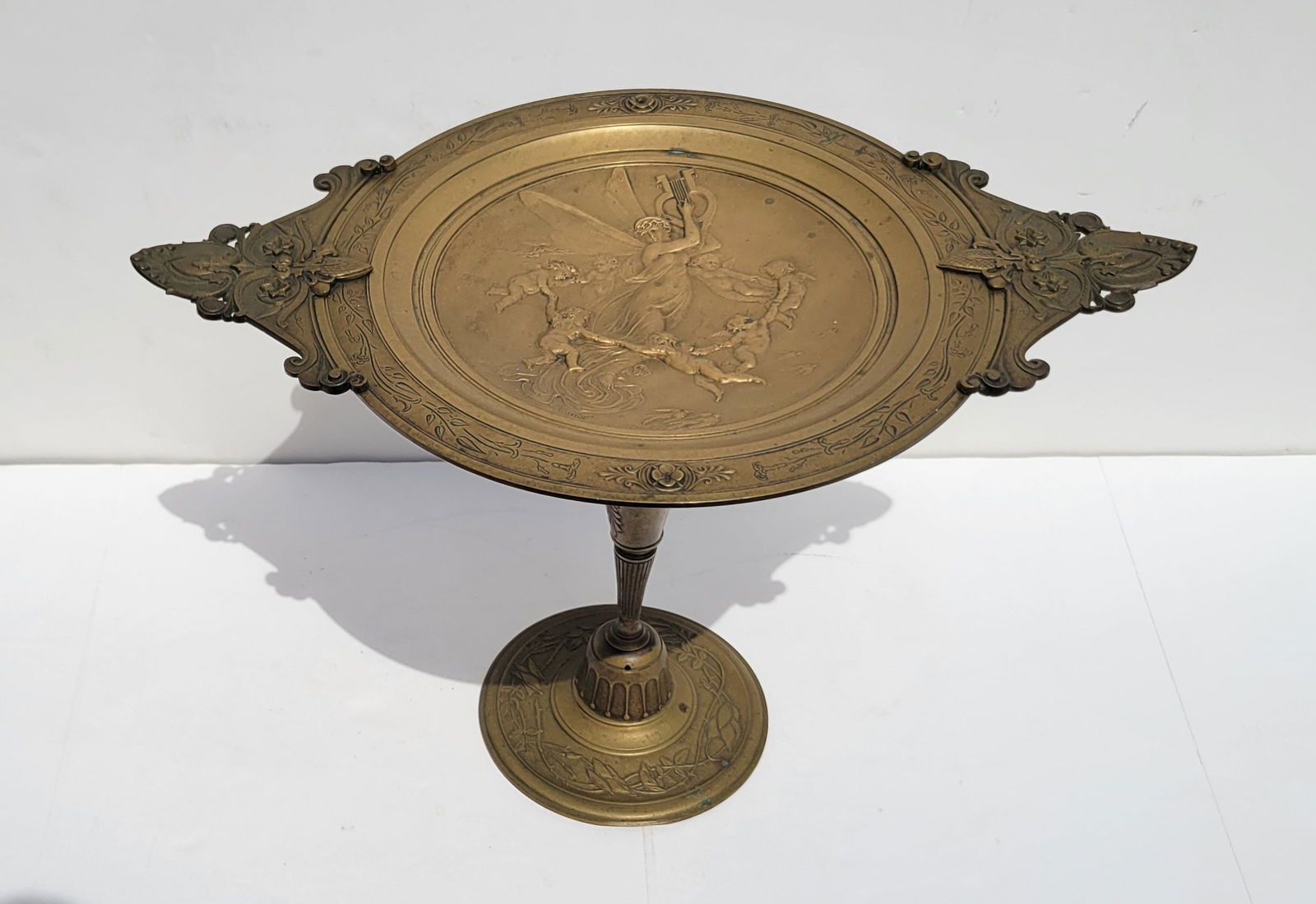 Continental Late 19C Angel Cherubs Harp French Dore Bronze Taza Centerpiece 11.1 X 17 X 11 Inches (1 of 4)