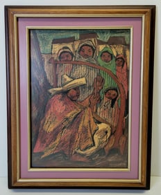 Gilberto Almeida South American Ecuador Village Harpist Social Realist Pastel 5 In Sale