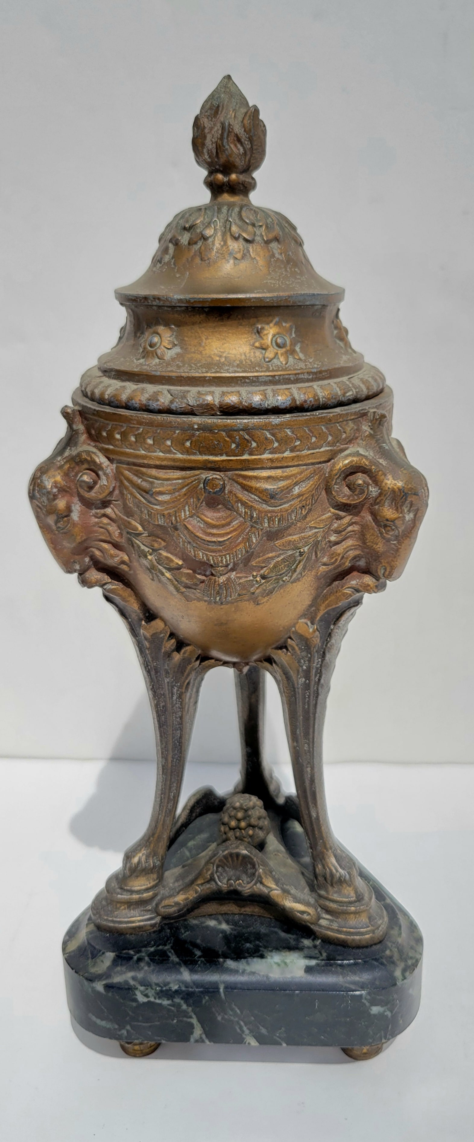 Pair Antique French Continental Gilt Spelter 11.6 Half Inch Footed Marble Base Covered Urns Garnitur (1 of 3)