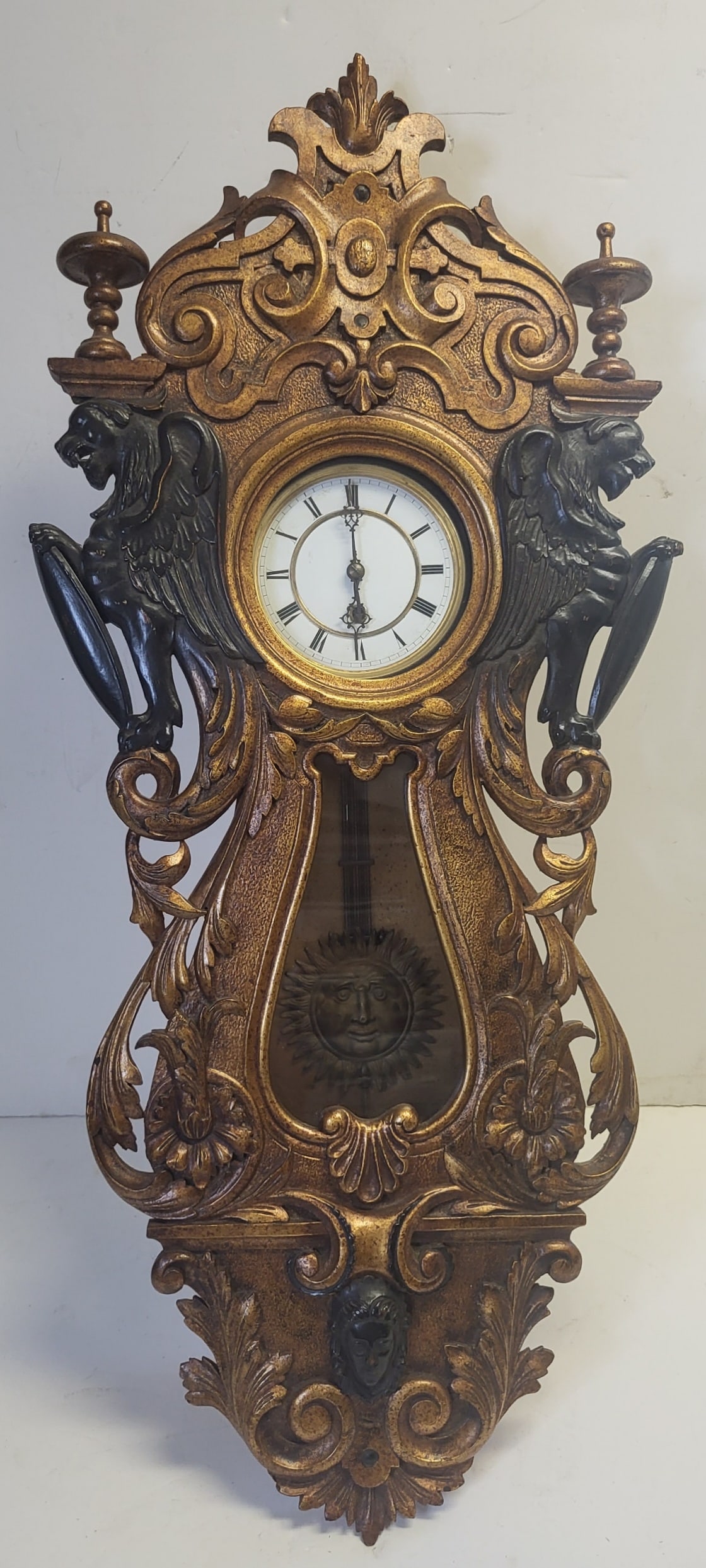 Refurbished Beaux Arts Griffin Antique 30.75 Inch Wall Regulator Clock Embossed Sun Pendulum E (1 of 5)