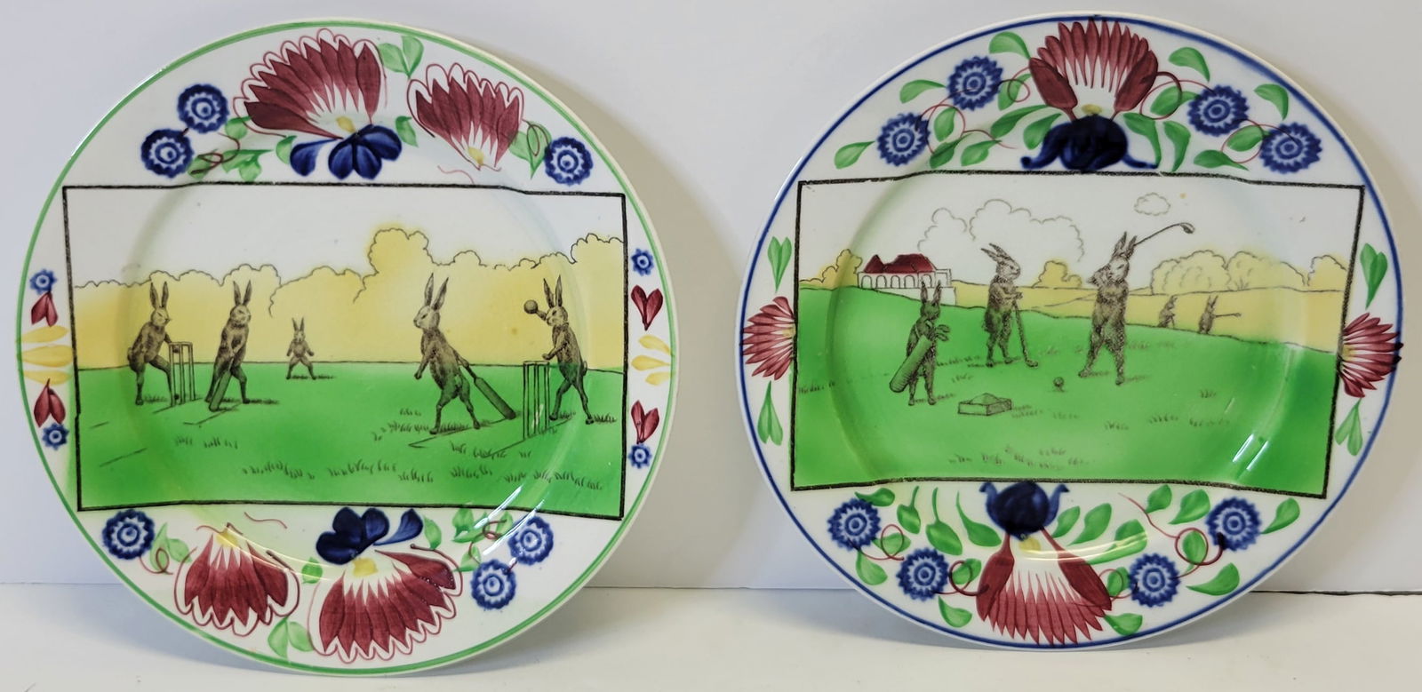 Pair Rabbits 19C Spatterware Golfing Playing Cricket Plates 9.25 Inch Ironstone Staffordshire Type W (1 of 5)