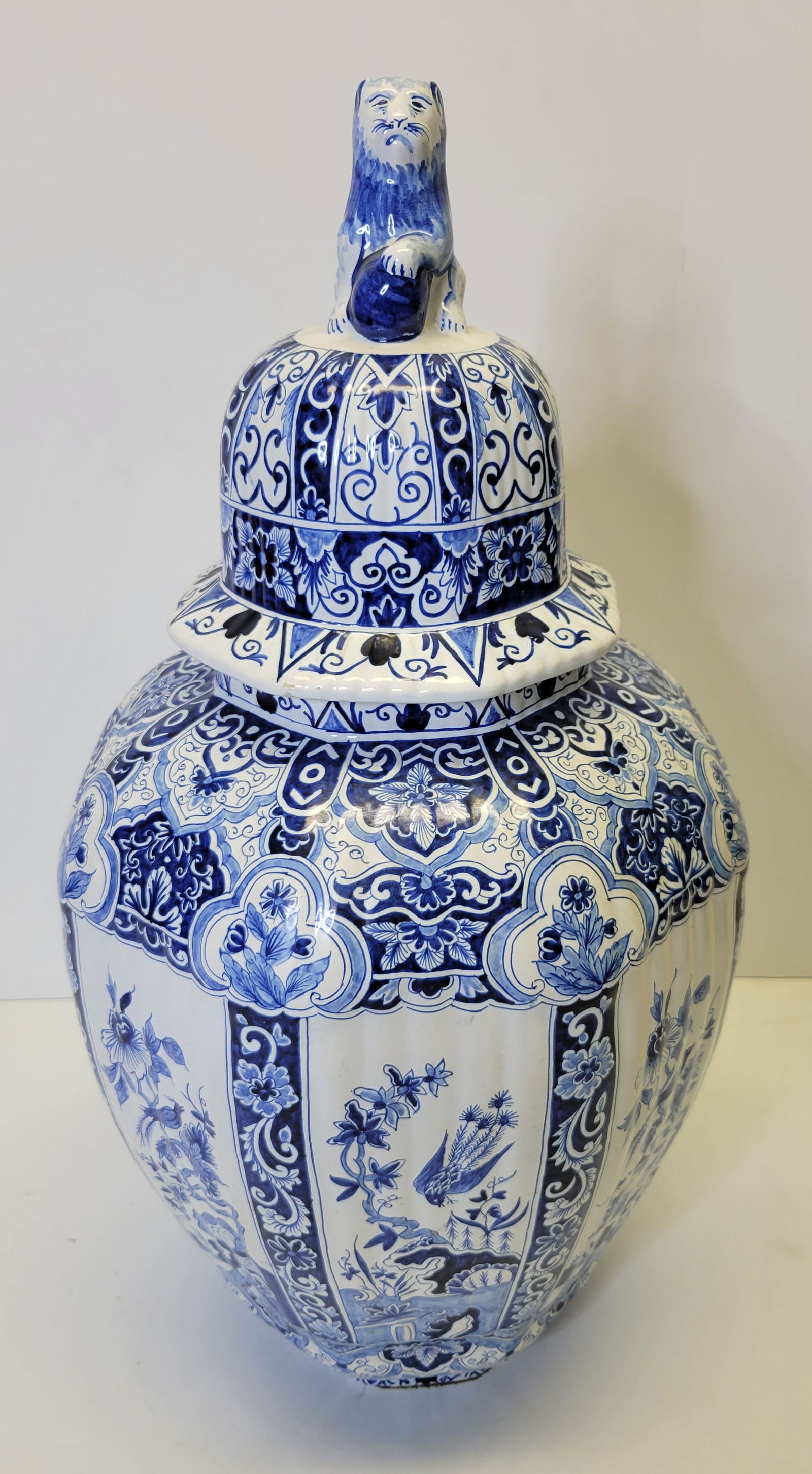 Big Lidded Delft Jar Lion Griffin Figural Lid Bird Floral Panels Ribbed 21.5 Inches Overall (1 of 5)