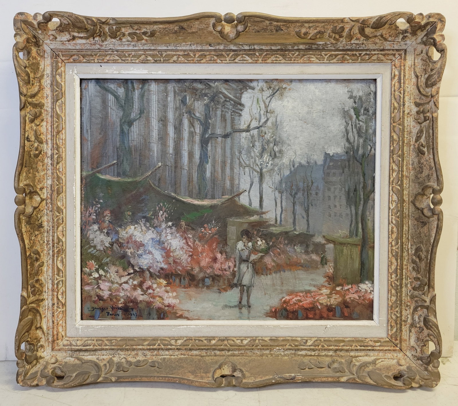 Georges Villa Paris 1947 Street Scene Lady Flower Market Oil Panel Gesso Frame 15 X 18 Inches French (1 of 4)