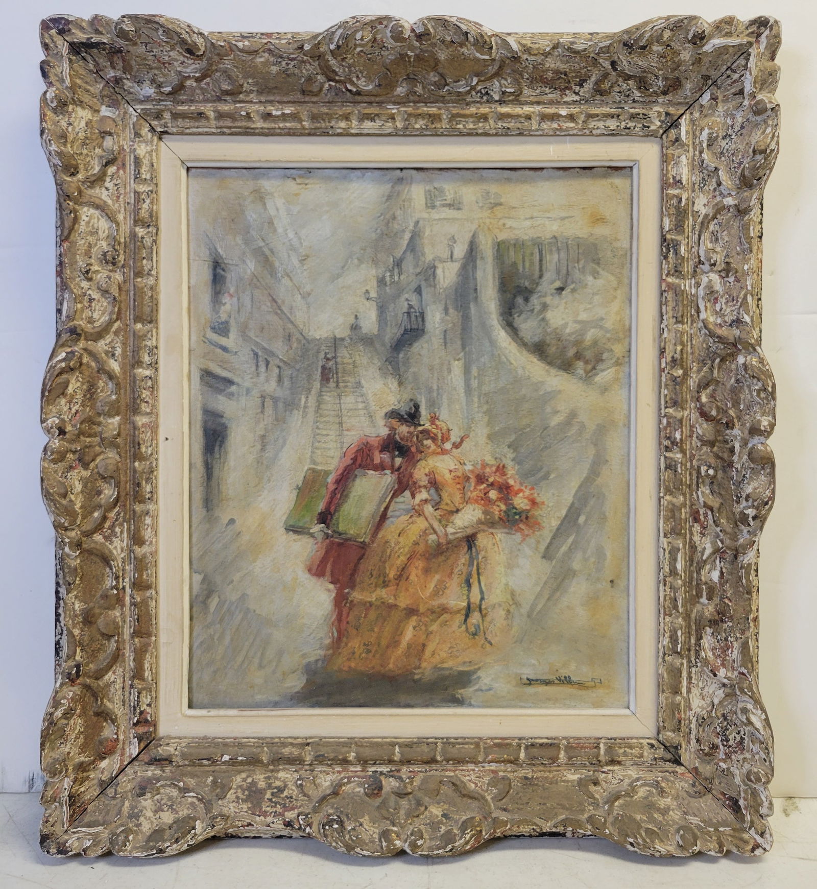 Georges Villa French 1950 Street Scene Couple Portfolio Bouquet Oil Panel Gesso Frame 18.1 X 15 Inch (1 of 4)