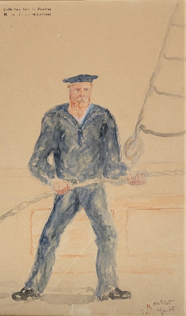 Henri De Toulouse Lautrec Watercolor French Provenance Sailor On Yacht Ex Sere De Rivieres: Henri De Toulouse Lautrec Watercolor French Provenance Sailor On Yacht Ex Sere De Rivieres. Note: This artwork came with works owned by an American who was a friend in Paris of French painter Raphael
