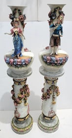 Monumental Pair Continental Faience Male Female Figural Jardiniere Pedestal Aprx 6ft Antique