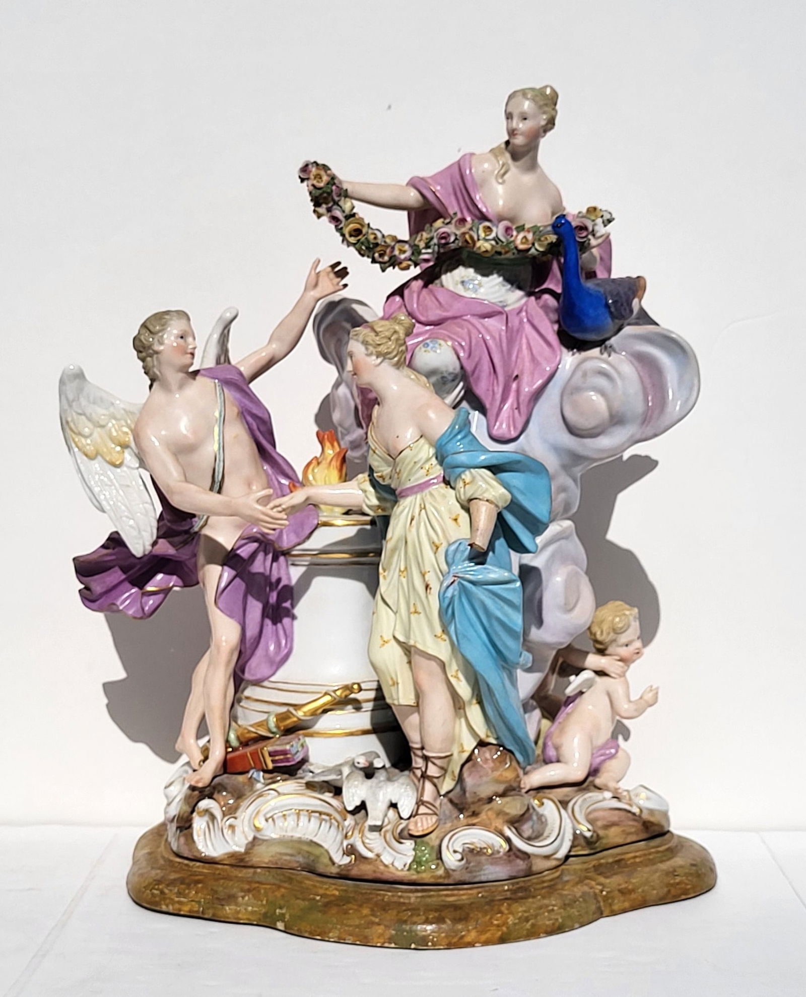 Early Meissen 12.4in Porcelain Figure Group With Three Neoclassical Mythological Figures Two Putti: Early Meissen 12.4in Porcelain Figure Group With Three Neoclassical Mythological Figures Two Putti And Flame On Column Possibly Kandler Or After Such As Three Fates. See condition report, three piece