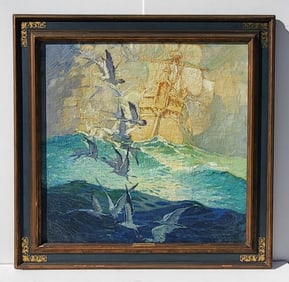 Large Frederick Milton Grant Exhibited Seascape Galleon Seagulls Waves Marine Illustration Painting