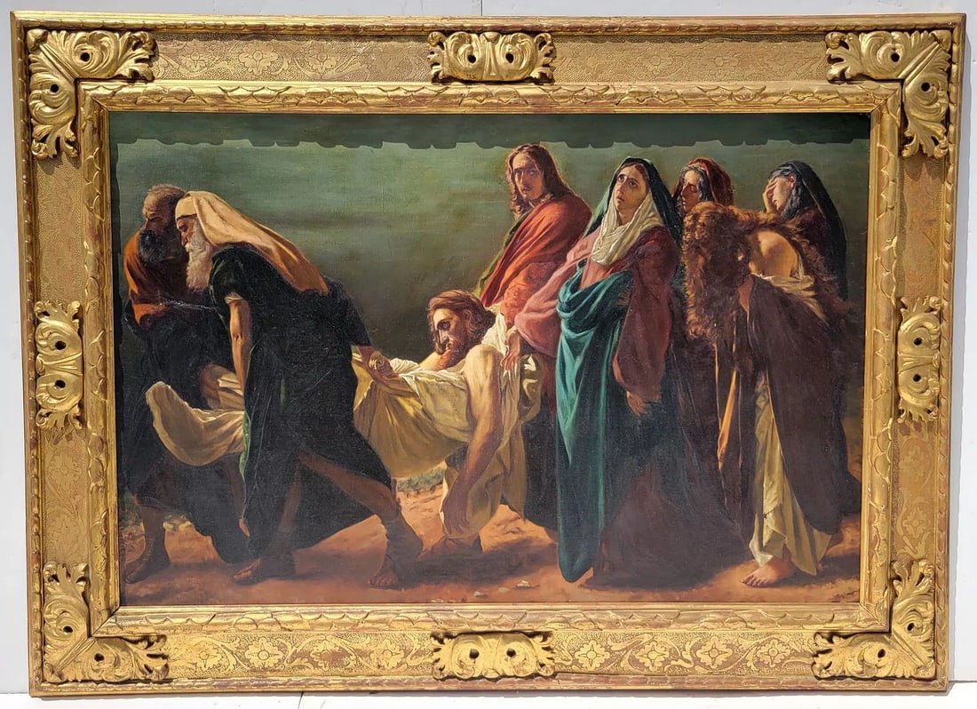 Very Large Estate Discovery Christ Entombment Oil Procession Composition 36 X 54 Inches 48 X 66 Gilt (1 of 9)