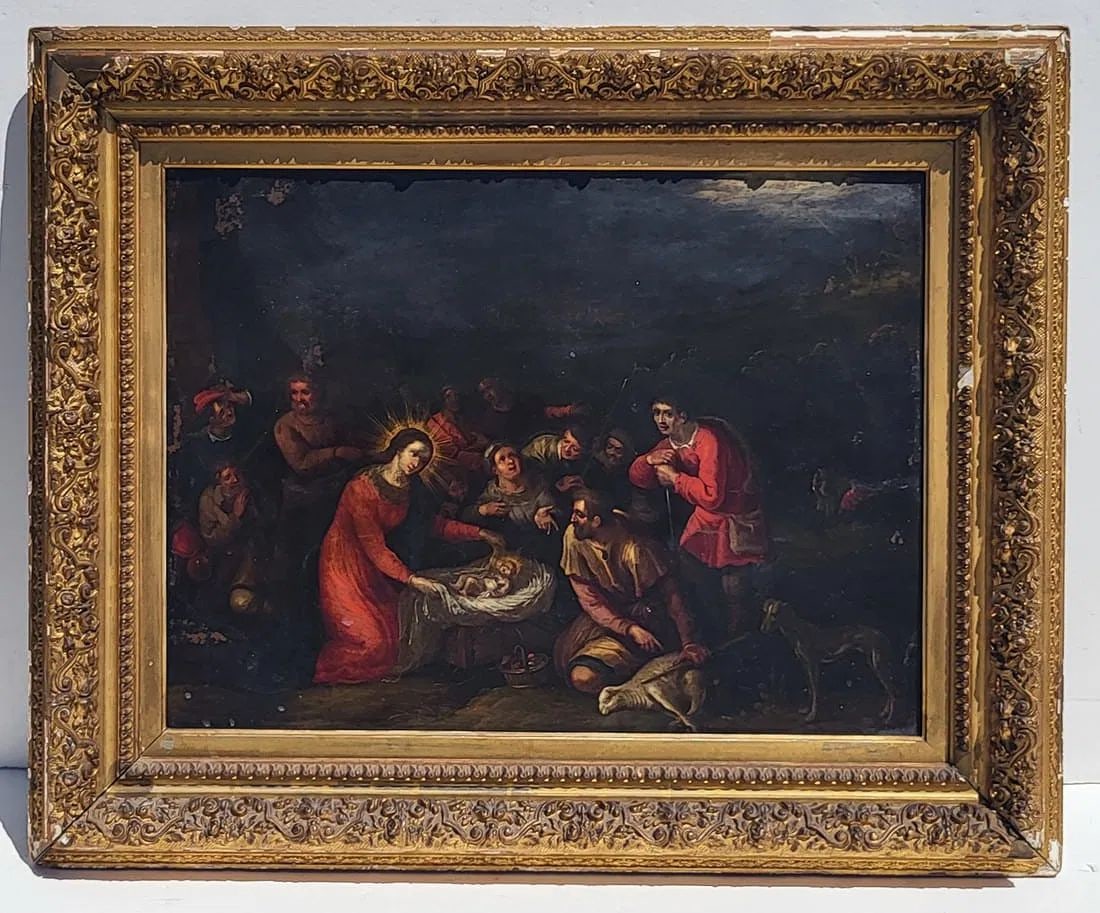 Old Master Subject 18C Nativity Oil On Metal 19.75 X 26.25 Inches: Old Master Subject 18C Nativity Oil On Metal 19.75 X 26.25 Inches, panel metal not yet identified tin or copper etc, no visible signature, old label inscribed Italian School verso, 28 x 34.9 inches fr