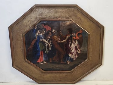 Estate Find 18C Biblical Scene Angel Likely Saint And Gold Chalices Oil On Copper Genre Painting
