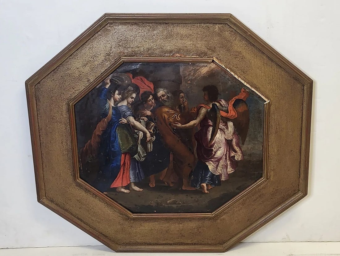 Estate Find 18C Biblical Scene Angel Likely Saint And Gold Chalices Oil On Copper Genre Painting (1 of 4)