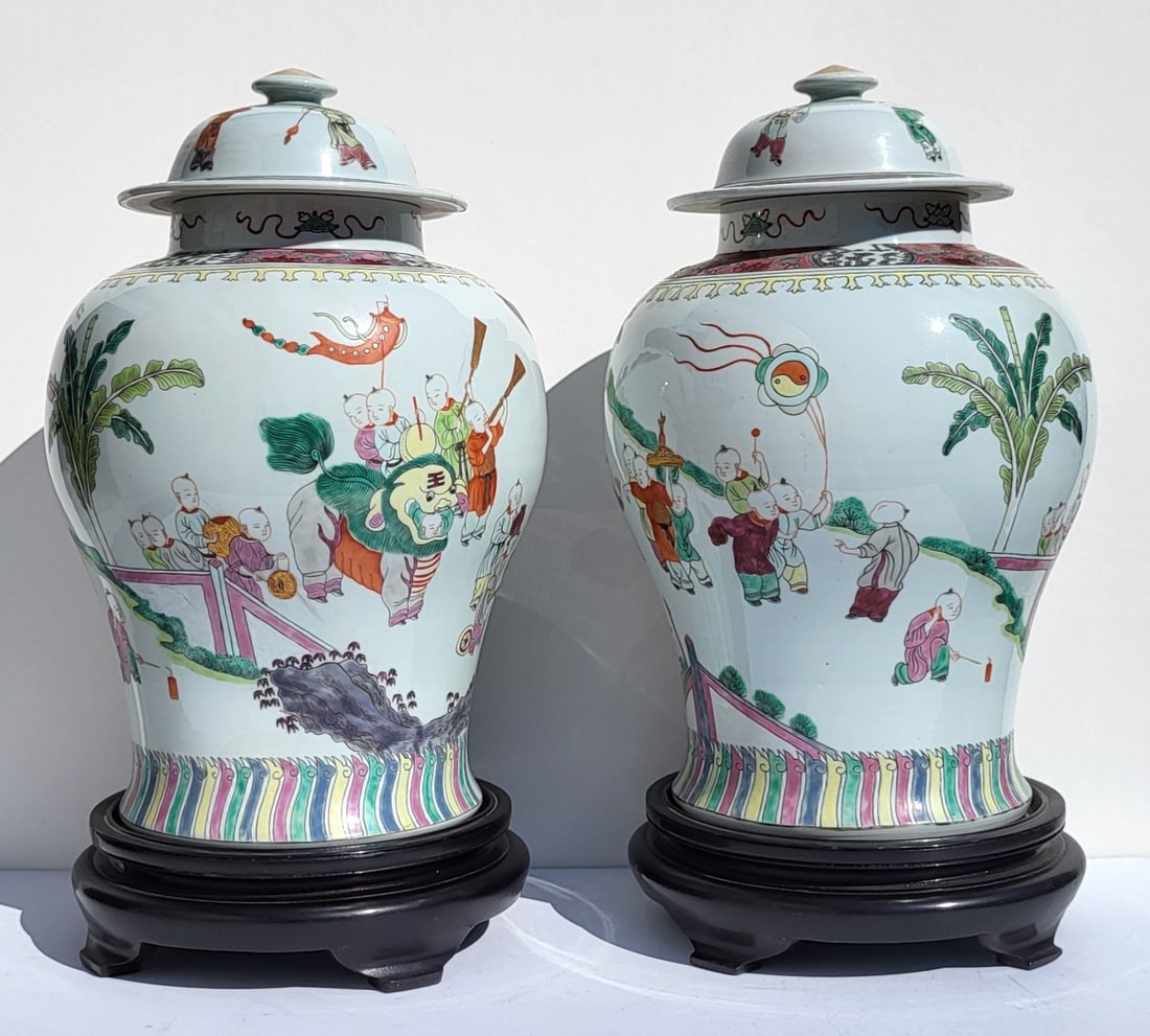 Pair Large Chinese Vintage Famille Rose Lidded 16 Inch Jars Porcelain Enamel (1 of 4)