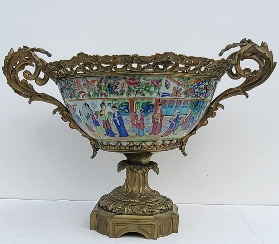 Large Bronze Mounted Rose Medallion Handled Pedestal Punch Bowl Chinese Porcelain Enamel Antique 16 (1 of 9)