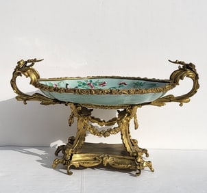 Ornate Bronze Mounted Antique Chinese Celadon Porcelain Enamel Oval Ormulou Pedestal Centerpiece