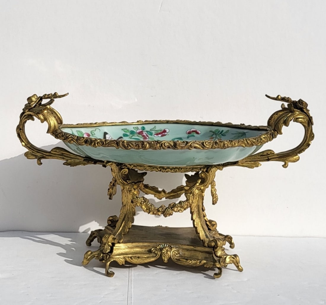 Ornate Bronze Mounted Antique Chinese Celadon Porcelain Enamel Oval Ormulou Pedestal Centerpiece: Bronze Mounted Antique Chinese Celadon Porcelain Enamel Oval Ormulou Pedestal Centerpiece French Belle Epoch Taste 8.5 X 14 X 9.5 Inches Overall.Provenance: Massive Central Florida collection of Victo