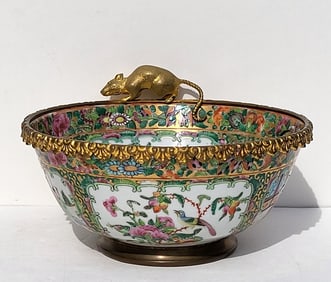Bronze Zodiac Rat Mounted Rose Medallion Chinese Porcelain Bowl 7.5in x 4.25in Antique