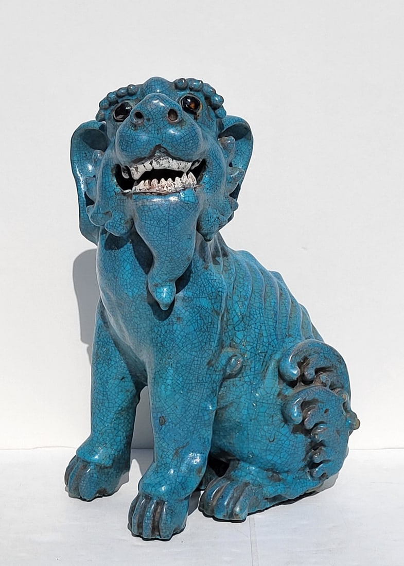 Big Old Chinese Flambe Crackle 12.5in Foo Dog Lion Pottery Statue Sculpture Figure: Big Old Chinese Flambe Crackle 12.5in Foo Dog Lion Pottery Statue Sculpture Figure. 12.5in x 7in x 6.25in, old somewhat indistinct collector note taped to the underside.Provenance: Massive Central Flo