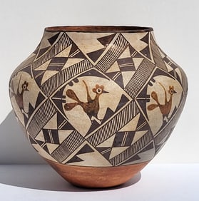 Old Acoma Roadrunner Olla Jar Pot Native American Decorated Pottery 8.5in x 9in Old Repair Good