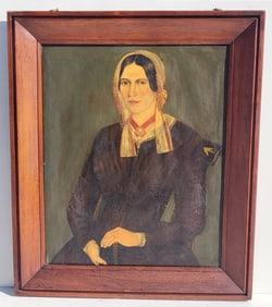 Early 19C Itinerant Folk Art Portrait Lady Woman With Jewelry In Hitchcock Chair Original Federal To