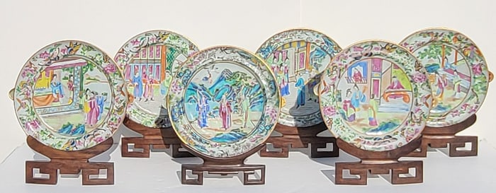 Lot 6 Antique Chinese Rose Medallion Westerner Narrative Hot Water Plates 9.75in x 2in Porcelain