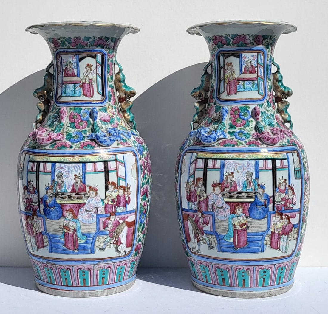 Pair 17 Inch Chinese Vintage Famille Rose Handled Vases Porcelain Enamel: Pair 17 Inch Chinese Vintage Famille Rose Handled Vases Porcelain EnamelProvenance: Local estate with generational professional ties to the Far East. Names withheld. CX PNT FShipping: This bidding web