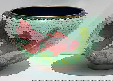 Vintage Cloisonne Koi Bowl Under Sea Enamel 5in x 8in Japanese Chinese