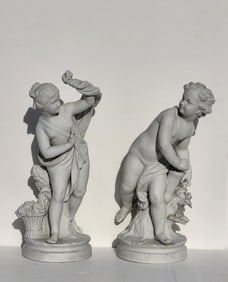 Pair Parian Continental Idyllic Children Bisque Neoclassical Romantic Biscuit Porcelain Sculpture