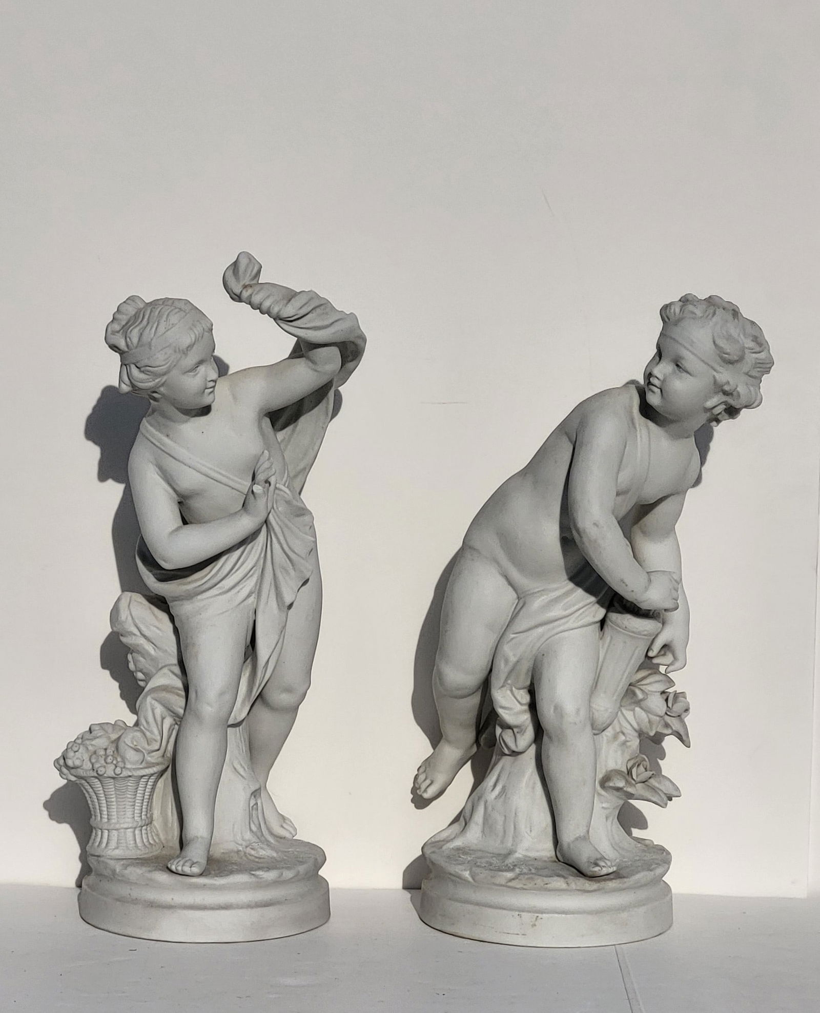 Pair Parian Continental Idyllic Children Bisque Neoclassical Romantic Biscuit Porcelain Sculpture: Pair Parian Continental Idyllic Children Bisque Neoclassical Romantic Biscuit Porcelain Sculpture 12.25in Numbered. Both stamped underneath in red with what appears to be 6256W, circa turn of 19c to 2