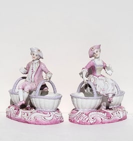 Signed Blue Mark Pair Continental Porcelain Courting Couple  Baskets Antique 6in And 6.5in x 6in