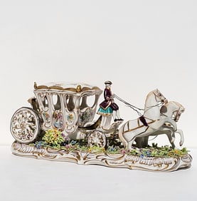 Old Inscribed Signed Capodimonte Coach Gilt Porcelain Statue Sculpture Figure Group 10in x 3.5in x