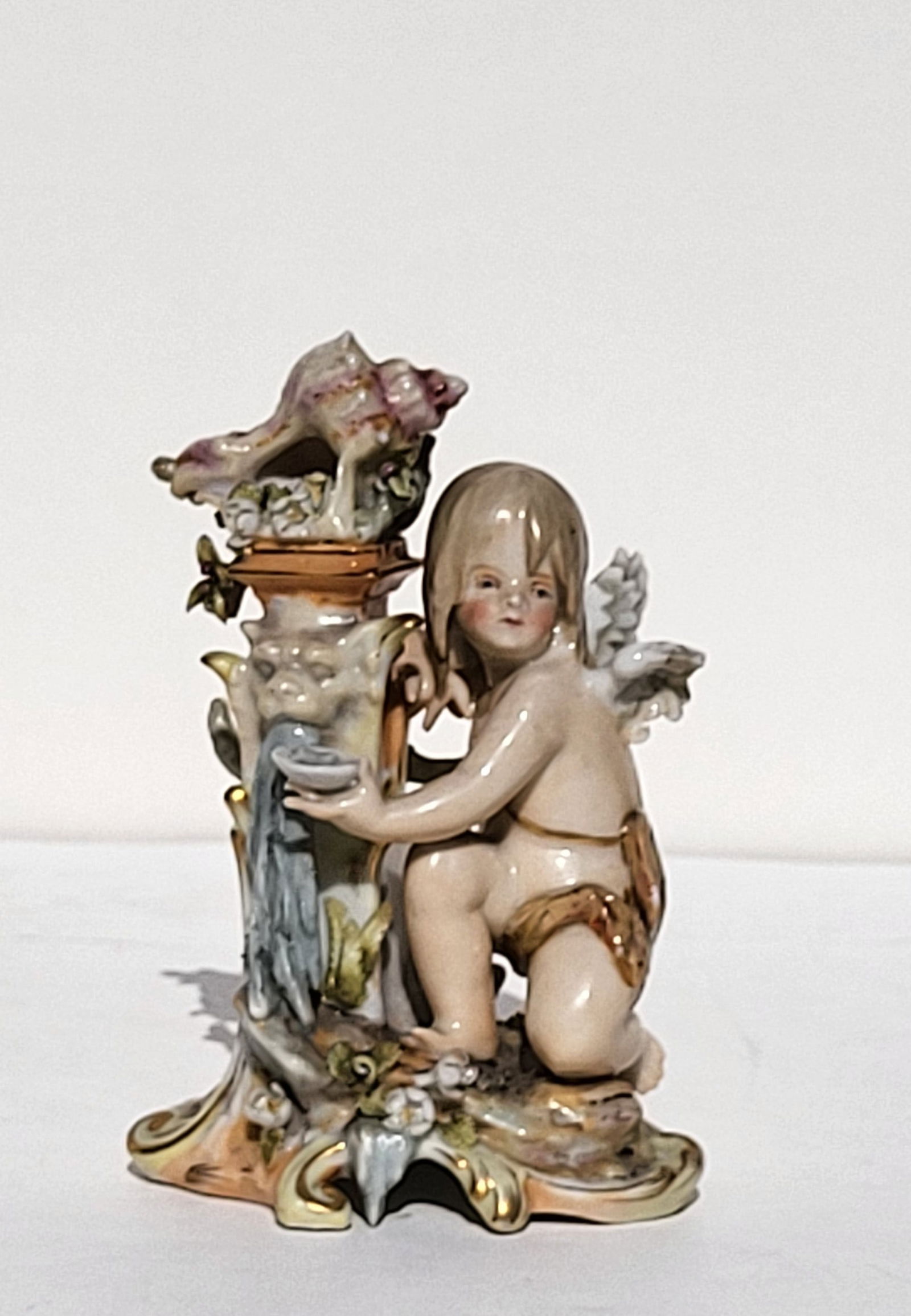 Antique Meissen Angel At Masqueron Fountain Figure Triple Numbers Crossed Swords 4.5in To Fix Statue (1 of 7)