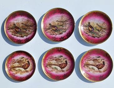 Set 6 Large STW Bavaria Beehive Mark Gilt Pheasant Landscape Porcelain Game Plates 11.7in