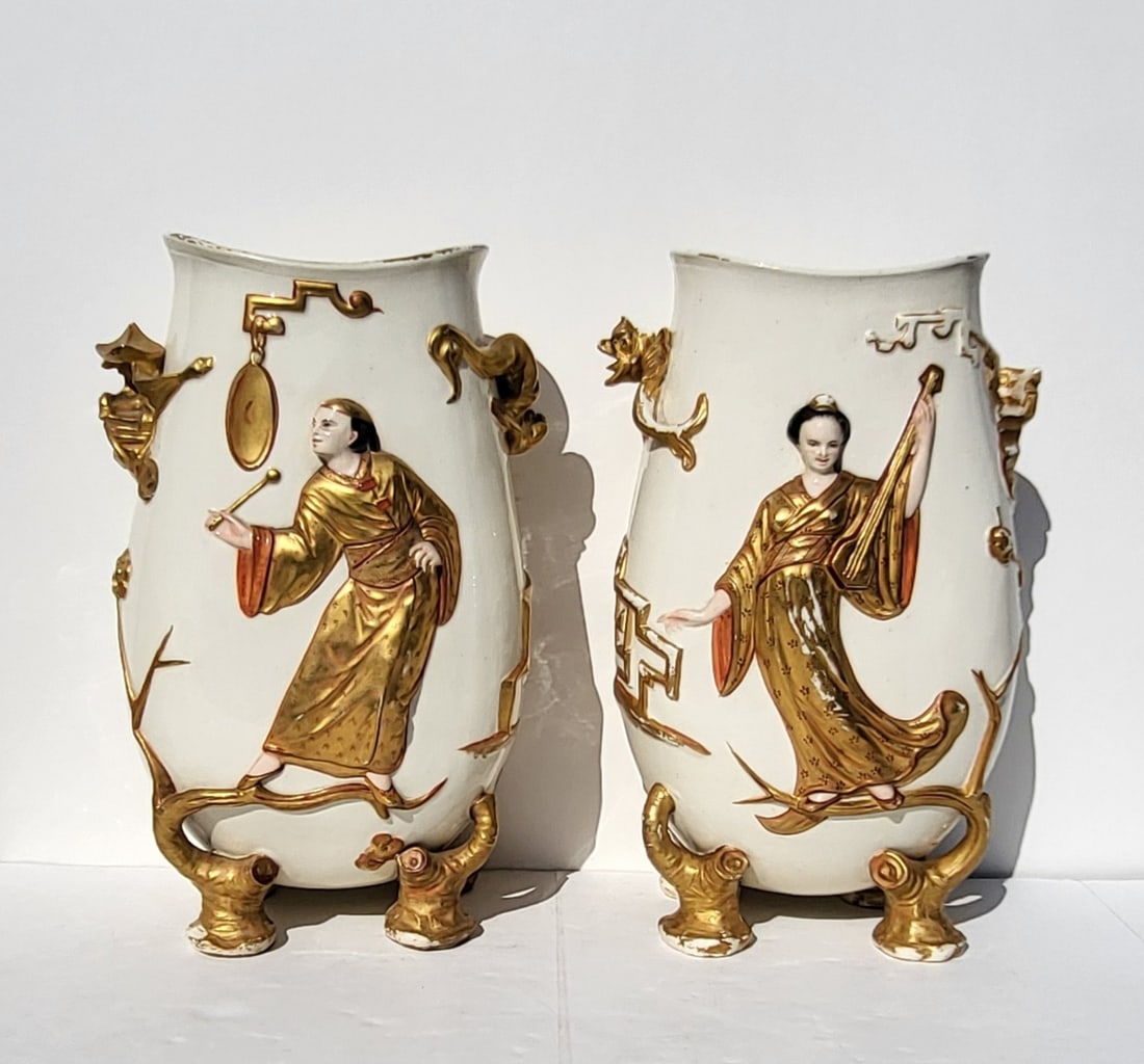 Pair Large Choisy H B Co French Majolica 12.75in x 8.75in x 5in Chinoiserie Footed Aesthetic: Pair Large Choisy H B Co French Majolica 12.75in x 8.75in x 5in Chinoiserie Footed Aesthetic Movement Gilt Pottery Vases Musicians Ladies Antique. Both with underside underglaze H B Co Choisy impresse