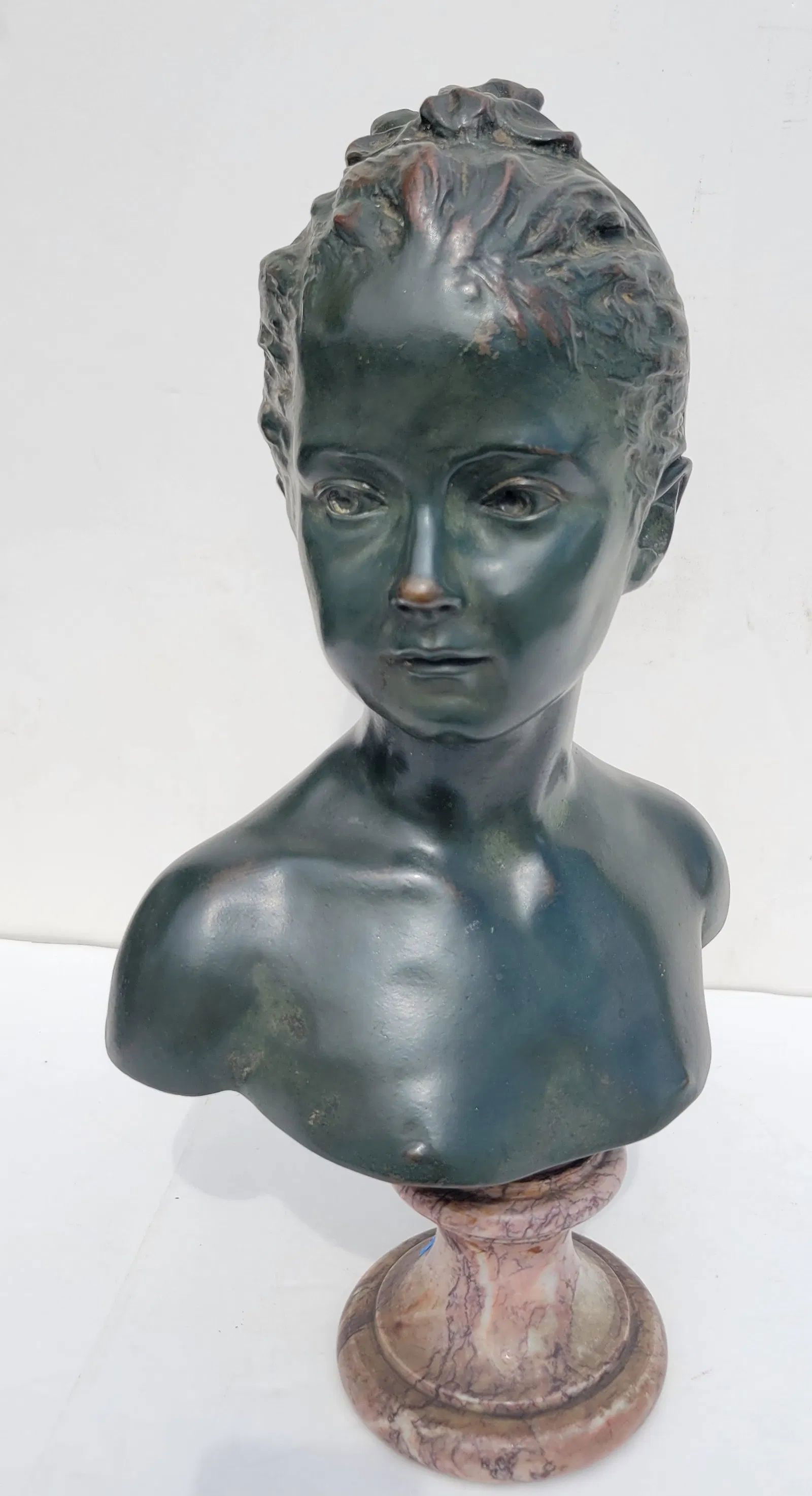 After Jean-Antoine Houdon Bronze Bust Of Louise Brongniart 18 Inches Overall Signed Incl Marble (1 of 4)