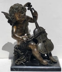 French Continental Old Spelter Angel Cellist Statue White Metal Putti Cello Figure Music Sculpture