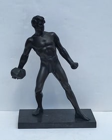 Bronze Art Deco Classical Athlete Statue Sculpture Figure With Rock On Marble Base 13.5in