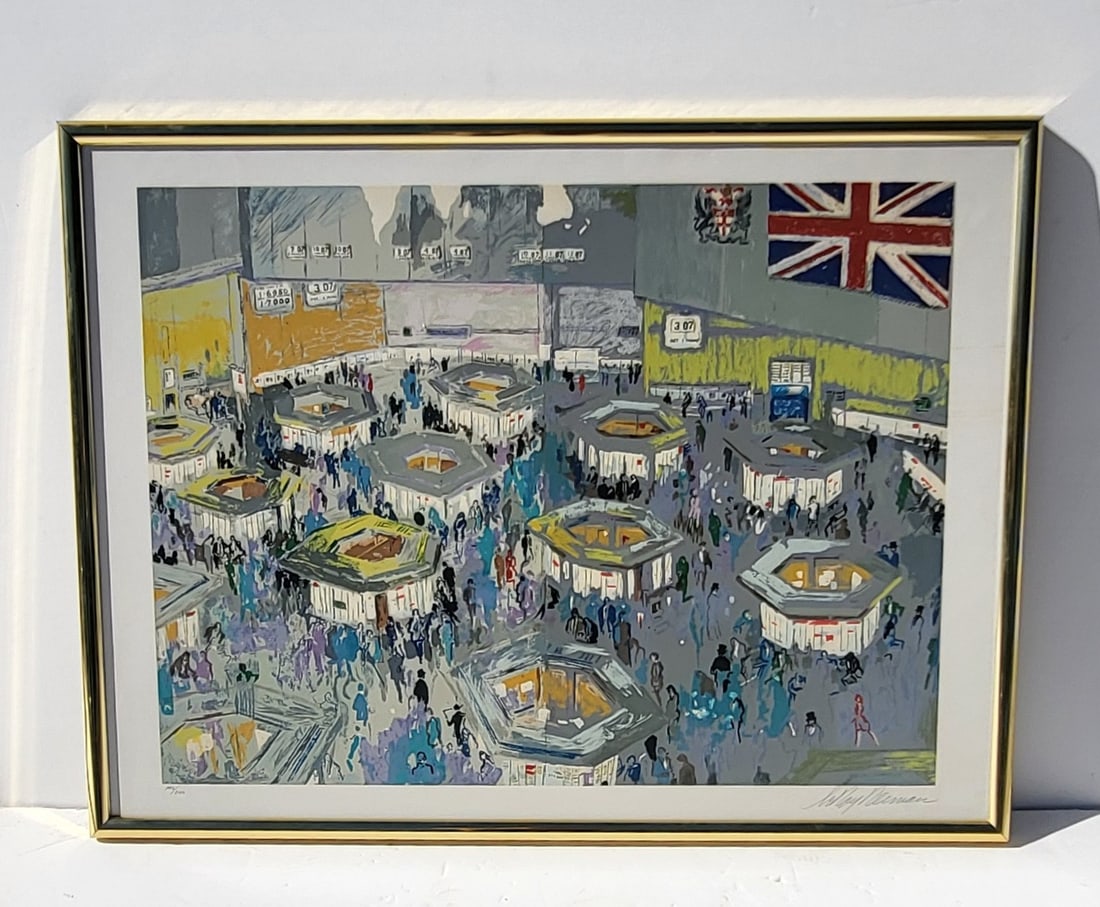 Leroy Neiman Stock Exchange London Serigraph Ed300 COA 28.5in x 37.875in Pencil Signed: Leroy Neiman Stock Exchange London Serigraph Ed300 COA 28.5in x 37.875in Pencil Signed. Aprox 2in visible margins, framed unmatted, 34in x 45.25in framed. Accompanied by the 1983 Styria Studio Knoedle