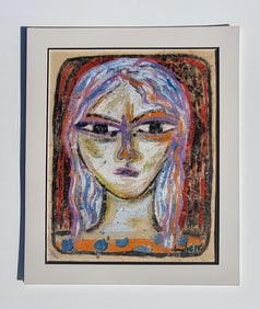 Signed Illegibly Jamali Manner Female Portrait Oil On Textured Wallpaper 24 X 19 Inches Modernist