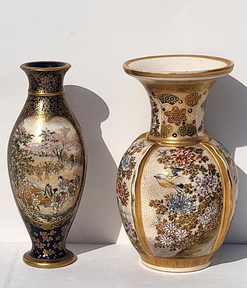 Lot 2 Satsuma Pottery Vases 6in Each Panel Decorated Both Signed: Lot 2 Satsuma Pottery Vases 6in Each Panel Decorated Both Signed. One vase is 2.2in wide features a landscape with a large outdoor gathering and a garden floral panel with gilt throughout the backgrou