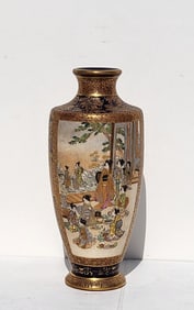 Fine Signed Satsuma 7in Panel Vase Figures Interior And Landscape Old Japanese Gilt Pottery