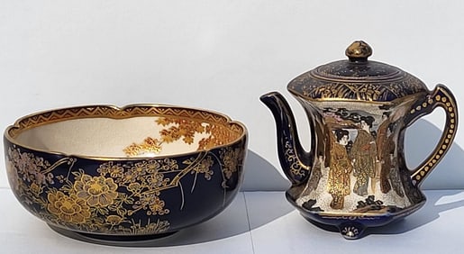 Lot 2 Signed Satsuma Figures Tea Pot And Pheasants Bowl 3.5in And 4.9in Old Japanese Pottery