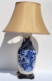 Signed Antique Chinese Qing 16.25in Vase Blue White Porcelain Table Lamp