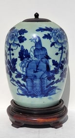 Antique Chinese Celadon Blue Bird Lidded Jar 12.5 Inches High Overall Porcelain